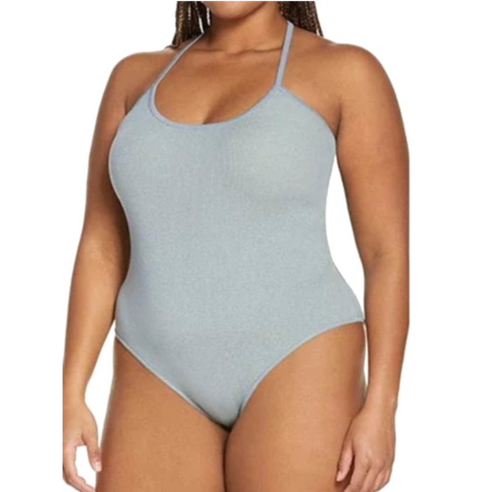 WAYF Blue '98 Alicia T-strap Knit Bodysuit V Neck Oasis Tank Top/Cami Size: 3x